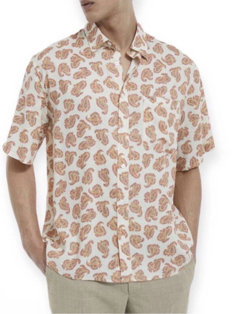 The Kooples Men White Orange Paisley Pattern Loose Fitting Button Down Shirt L